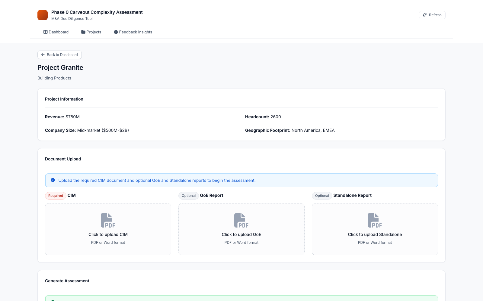 Deal workspace view: document upload slots for CIM, QoE and standalone reports